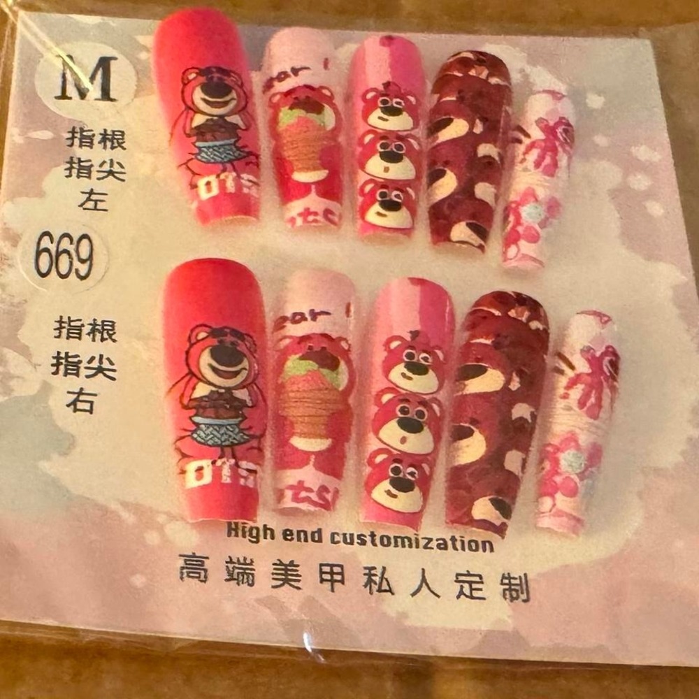 Lotso Bear Toy Story Custom Press On Nails Pink Red Coffin Long Size M‎ 10pc Set